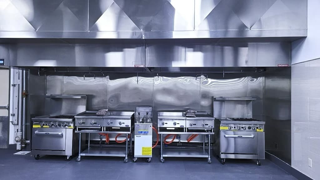 Commercial cooking stations with hoods